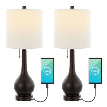 Tyler 24" Modern Classic Gourd Iron LED Table Lamp with Pull-Chain with Dual USB Charging Port - JONATHAN Y